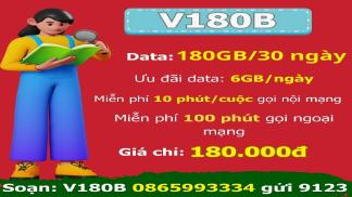 Gói V180B Viettel 180k/tháng miễn phí 4GB/ngày - Miễn phí gọi nội mạng