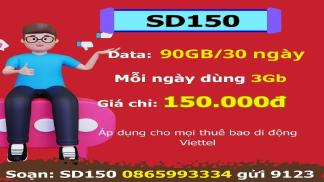 Gói SD150 Viettel - 90GB Data siêu tốc chỉ 150K/tháng